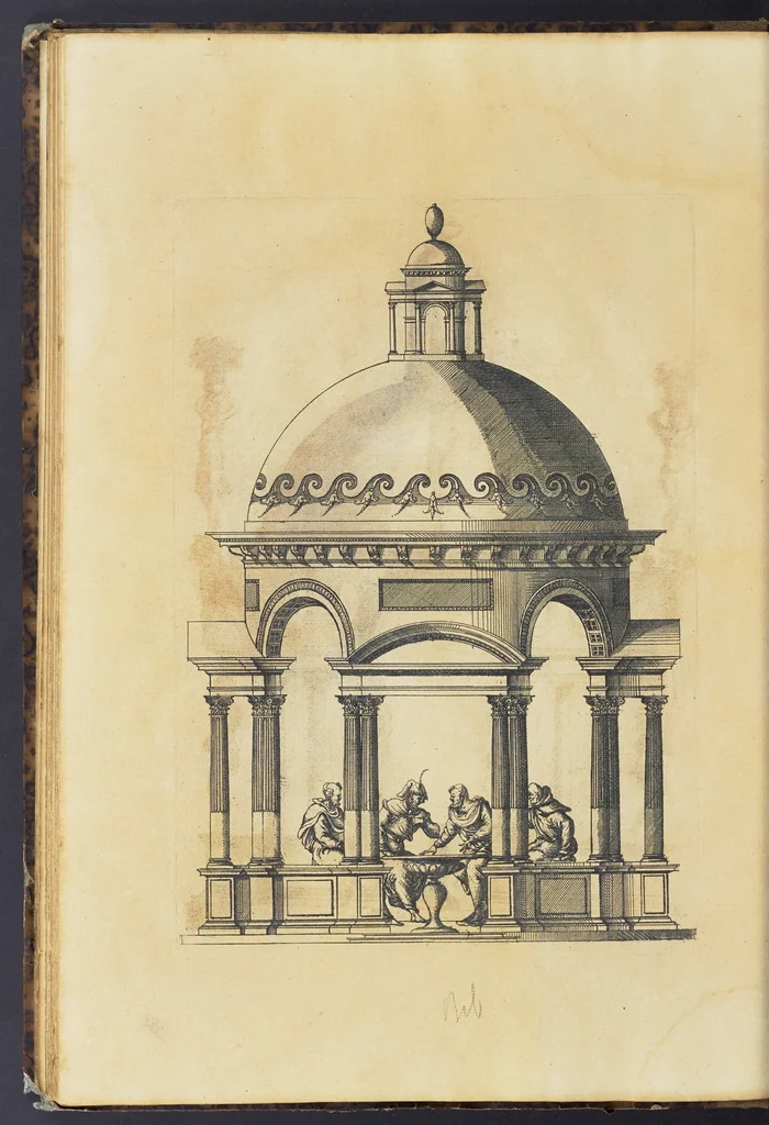 An illustration from Second livre d'architectvre, contenant plusieurs & diuerses ordonances de cheminees, lucarnes, portes, fonteines, puis & pauillons, pour enrichir tant le dedans que le dehors de tous edifices. Auec les desseins de dix sepultures toutes differentes, 1561, leaf 123