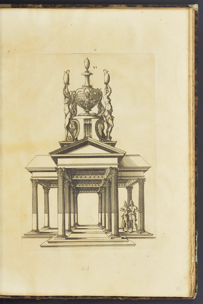 An illustration from Second livre d'architectvre, contenant plusieurs & diuerses ordonances de cheminees, lucarnes, portes, fonteines, puis & pauillons, pour enrichir tant le dedans que le dehors de tous edifices. Auec les desseins de dix sepultures toutes differentes, 1561, leaf 128