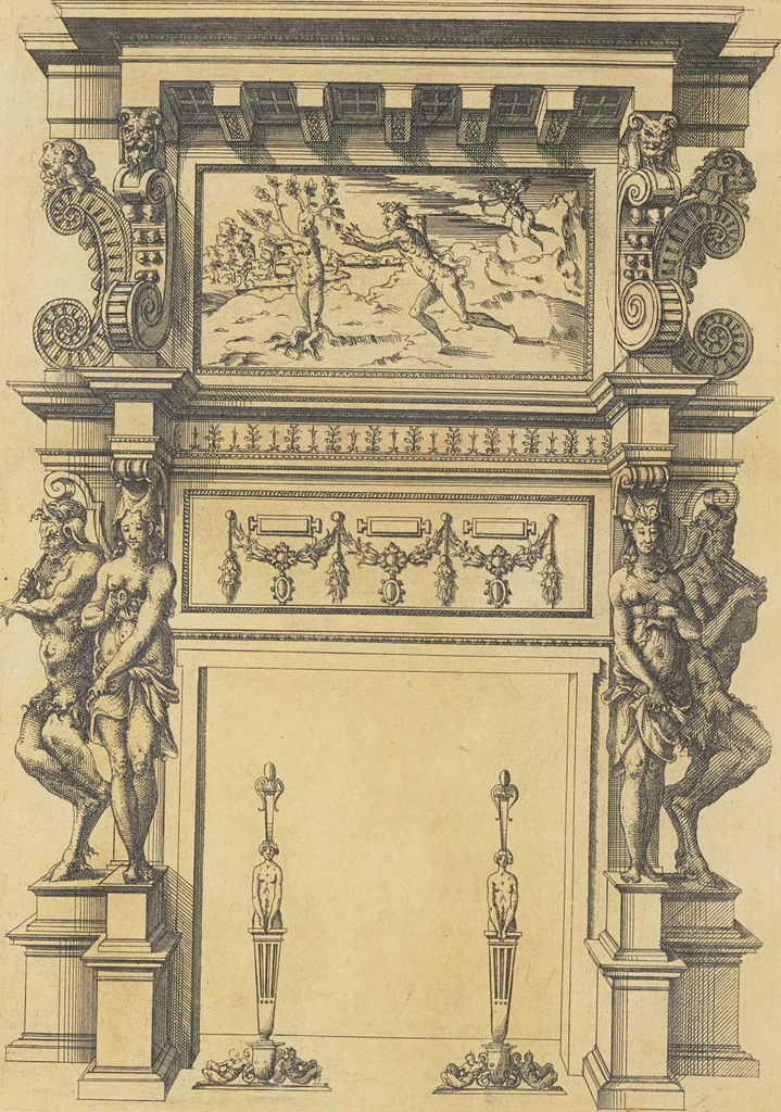 An illustration from Second livre d'architectvre, contenant plusieurs & diuerses ordonances de cheminees, lucarnes, portes, fonteines, puis & pauillons, pour enrichir tant le dedans que le dehors de tous edifices. Auec les desseins de dix sepultures toutes differentes, 1561, leaf 13
