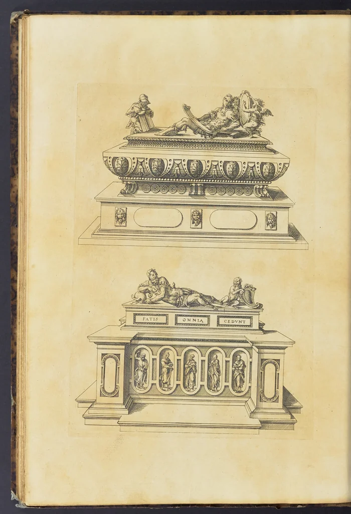 An illustration from Second livre d'architectvre, contenant plusieurs & diuerses ordonances de cheminees, lucarnes, portes, fonteines, puis & pauillons, pour enrichir tant le dedans que le dehors de tous edifices. Auec les desseins de dix sepultures toutes differentes, 1561, leaf 131