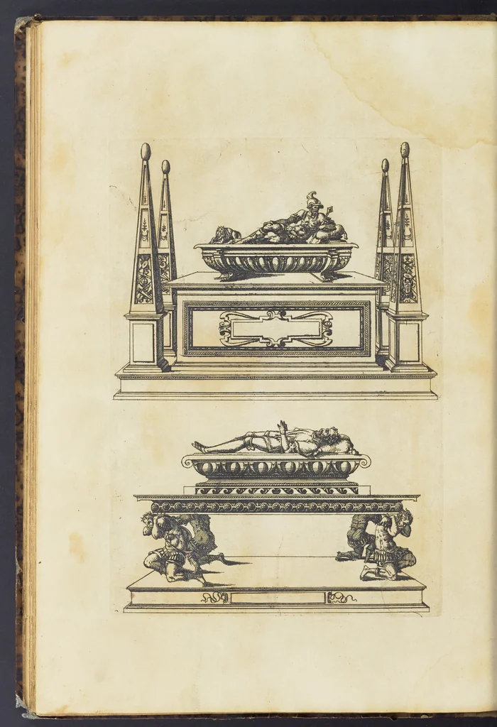 An illustration from Second livre d'architectvre, contenant plusieurs & diuerses ordonances de cheminees, lucarnes, portes, fonteines, puis & pauillons, pour enrichir tant le dedans que le dehors de tous edifices. Auec les desseins de dix sepultures toutes differentes, 1561, leaf 133