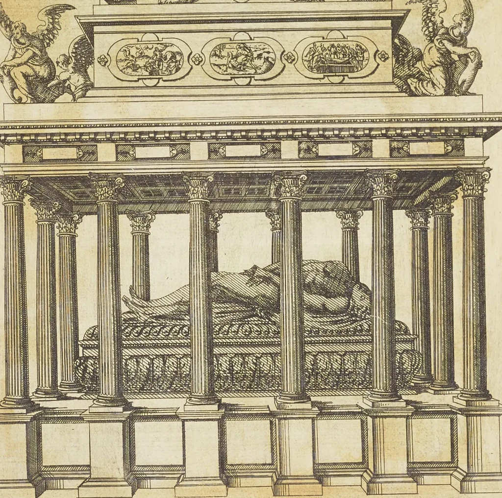 An illustration from Second livre d'architectvre, contenant plusieurs & diuerses ordonances de cheminees, lucarnes, portes, fonteines, puis & pauillons, pour enrichir tant le dedans que le dehors de tous edifices. Auec les desseins de dix sepultures toutes differentes, 1561, leaf 136