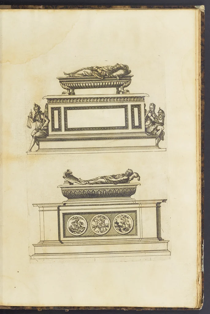 An illustration from Second livre d'architectvre, contenant plusieurs & diuerses ordonances de cheminees, lucarnes, portes, fonteines, puis & pauillons, pour enrichir tant le dedans que le dehors de tous edifices. Auec les desseins de dix sepultures toutes differentes, 1561, leaf 138