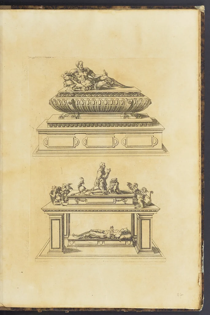 An illustration from Second livre d'architectvre, contenant plusieurs & diuerses ordonances de cheminees, lucarnes, portes, fonteines, puis & pauillons, pour enrichir tant le dedans que le dehors de tous edifices. Auec les desseins de dix sepultures toutes differentes, 1561, leaf 140