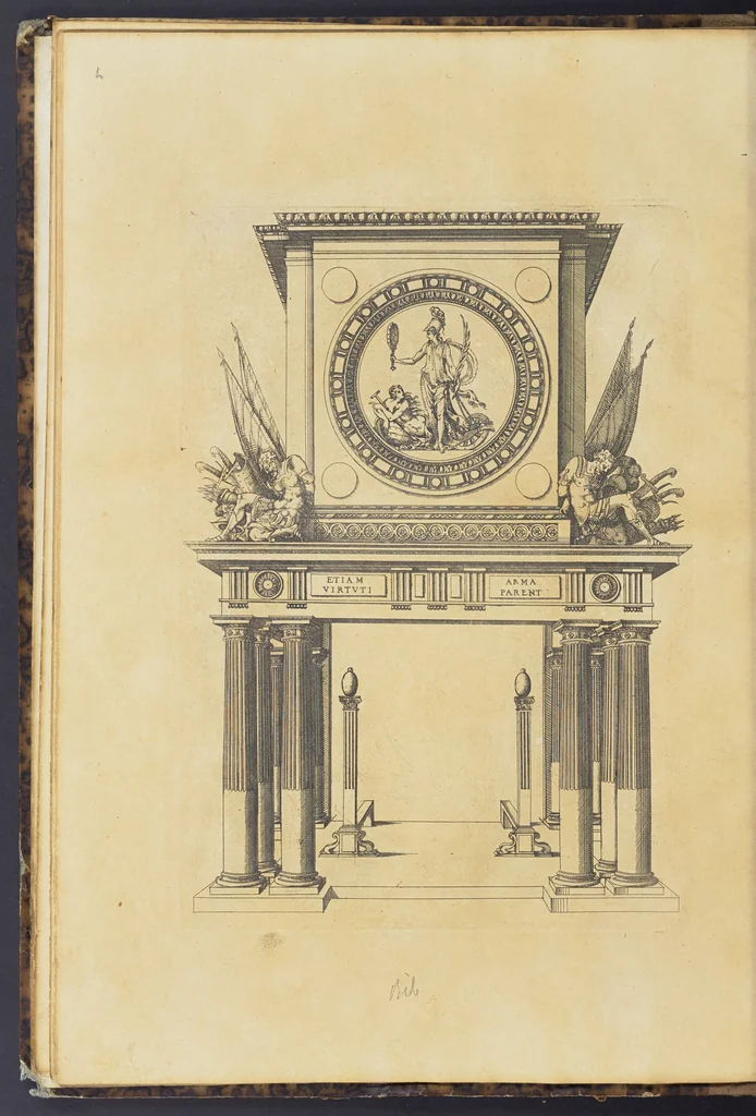 An illustration from Second livre d'architectvre, contenant plusieurs & diuerses ordonances de cheminees, lucarnes, portes, fonteines, puis & pauillons, pour enrichir tant le dedans que le dehors de tous edifices. Auec les desseins de dix sepultures toutes differentes, 1561, leaf 17
