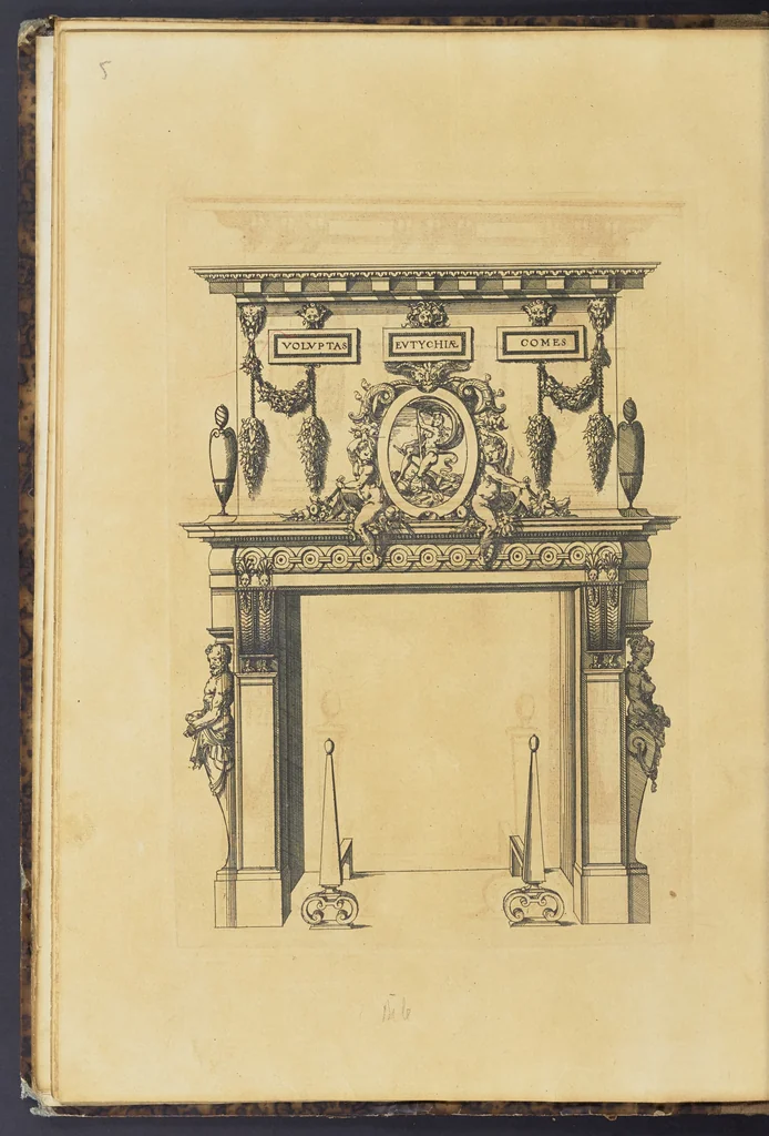 An illustration from Second livre d'architectvre, contenant plusieurs & diuerses ordonances de cheminees, lucarnes, portes, fonteines, puis & pauillons, pour enrichir tant le dedans que le dehors de tous edifices. Auec les desseins de dix sepultures toutes differentes, 1561, leaf 19