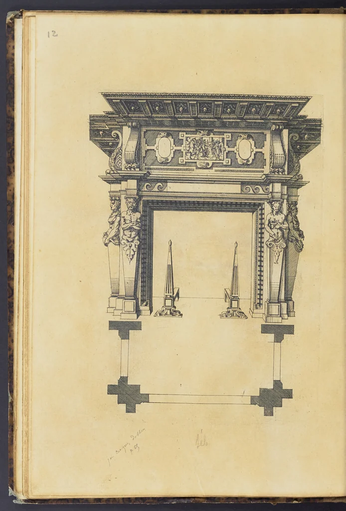 An illustration from Second livre d'architectvre, contenant plusieurs & diuerses ordonances de cheminees, lucarnes, portes, fonteines, puis & pauillons, pour enrichir tant le dedans que le dehors de tous edifices. Auec les desseins de dix sepultures toutes differentes, 1561, leaf 33