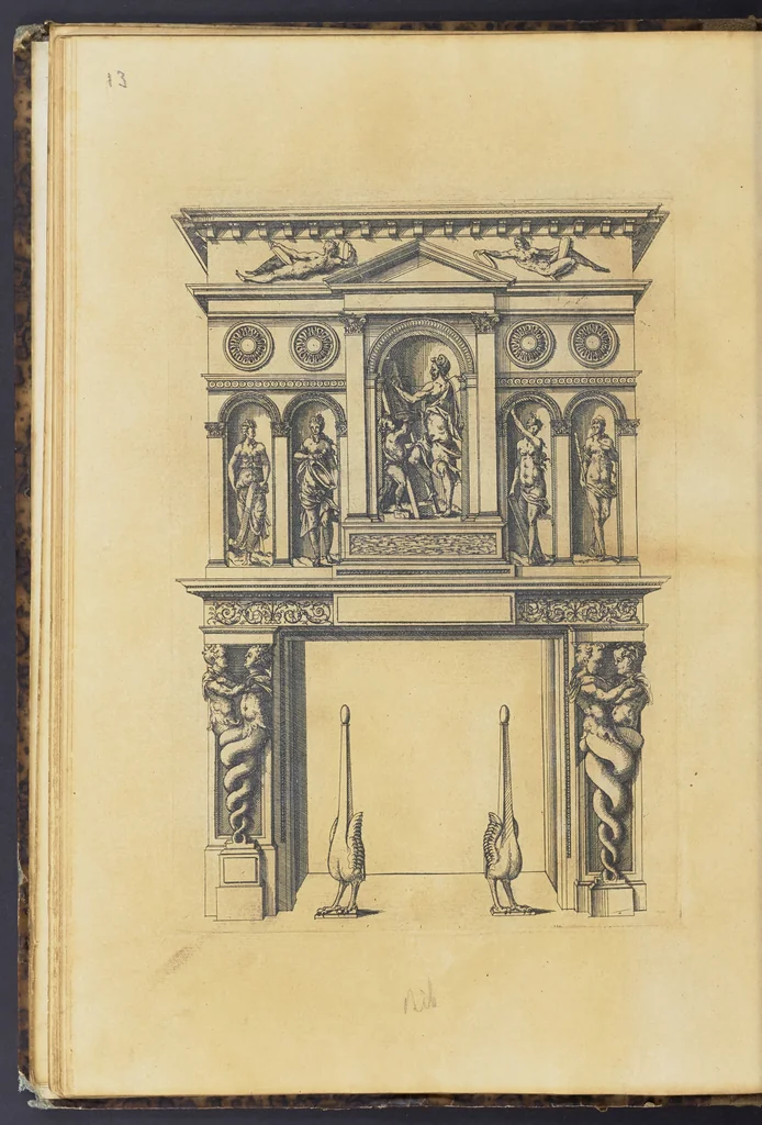 An illustration from Second livre d'architectvre, contenant plusieurs & diuerses ordonances de cheminees, lucarnes, portes, fonteines, puis & pauillons, pour enrichir tant le dedans que le dehors de tous edifices. Auec les desseins de dix sepultures toutes differentes, 1561, leaf 35