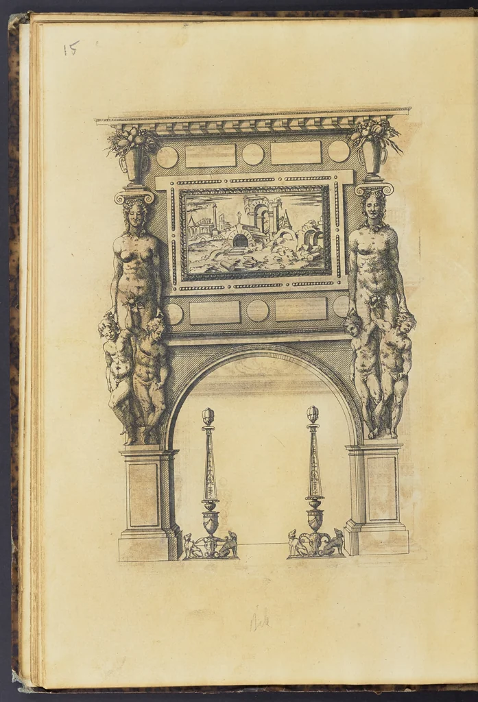 An illustration from Second livre d'architectvre, contenant plusieurs & diuerses ordonances de cheminees, lucarnes, portes, fonteines, puis & pauillons, pour enrichir tant le dedans que le dehors de tous edifices. Auec les desseins de dix sepultures toutes differentes, 1561, leaf 39