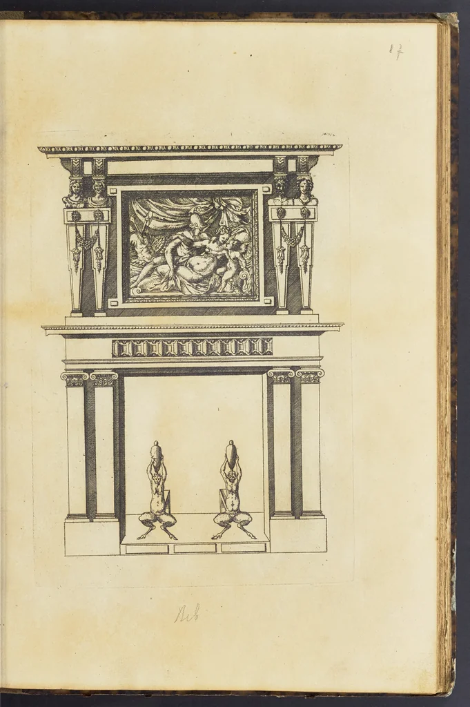 An illustration from Second livre d'architectvre, contenant plusieurs & diuerses ordonances de cheminees, lucarnes, portes, fonteines, puis & pauillons, pour enrichir tant le dedans que le dehors de tous edifices. Auec les desseins de dix sepultures toutes differentes, 1561, leaf 42