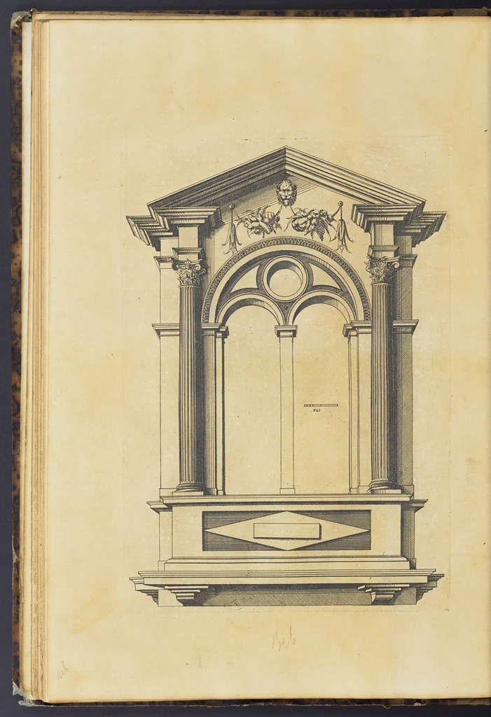 An illustration from Second livre d'architectvre, contenant plusieurs & diuerses ordonances de cheminees, lucarnes, portes, fonteines, puis & pauillons, pour enrichir tant le dedans que le dehors de tous edifices. Auec les desseins de dix sepultures toutes differentes, 1561, leaf 57