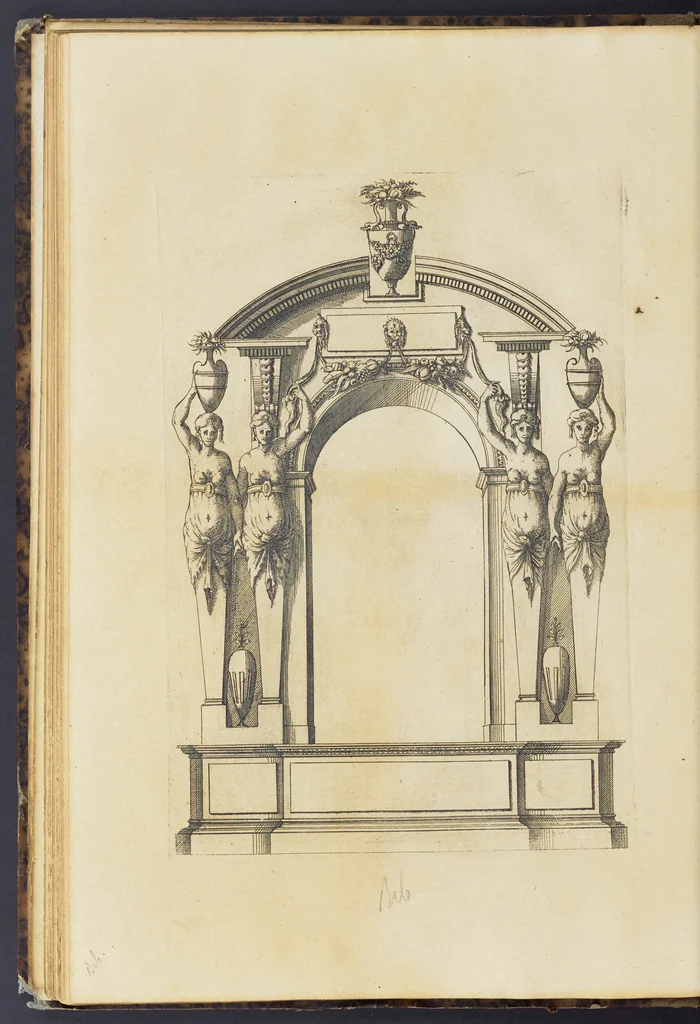 An illustration from Second livre d'architectvre, contenant plusieurs & diuerses ordonances de cheminees, lucarnes, portes, fonteines, puis & pauillons, pour enrichir tant le dedans que le dehors de tous edifices. Auec les desseins de dix sepultures toutes differentes, 1561, leaf 59