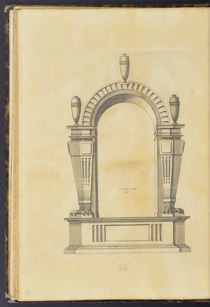 An illustration from Second livre d'architectvre, contenant plusieurs & diuerses ordonances de cheminees, lucarnes, portes, fonteines, puis & pauillons, pour enrichir tant le dedans que le dehors de tous edifices. Auec les desseins de dix sepultures toutes differentes, 1561, leaf 61