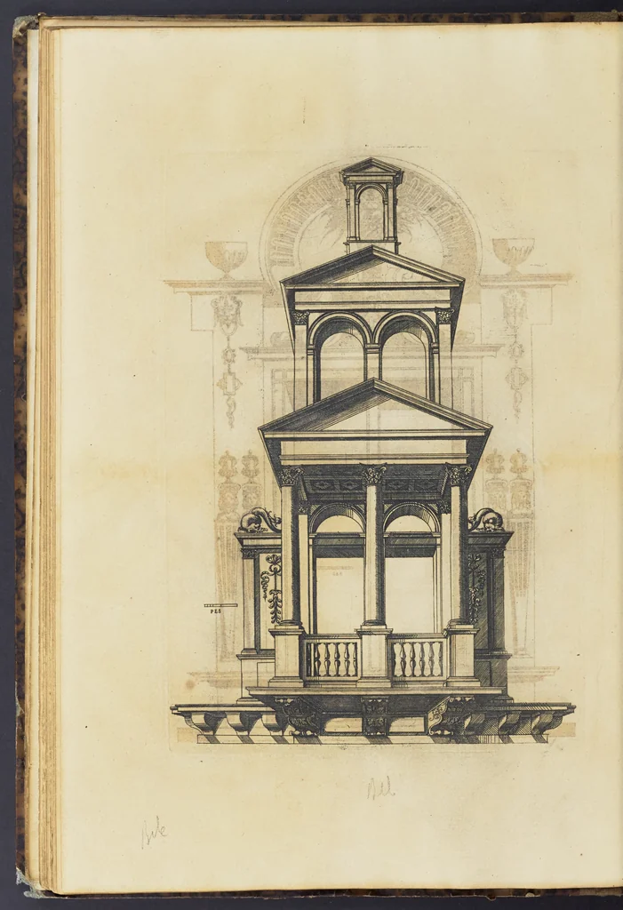 An illustration from Second livre d'architectvre, contenant plusieurs & diuerses ordonances de cheminees, lucarnes, portes, fonteines, puis & pauillons, pour enrichir tant le dedans que le dehors de tous edifices. Auec les desseins de dix sepultures toutes differentes, 1561, leaf 63
