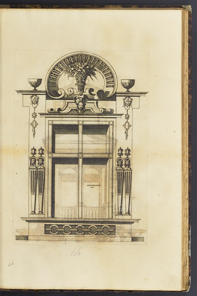 An illustration from Second livre d'architectvre, contenant plusieurs & diuerses ordonances de cheminees, lucarnes, portes, fonteines, puis & pauillons, pour enrichir tant le dedans que le dehors de tous edifices. Auec les desseins de dix sepultures toutes differentes, 1561, leaf 64