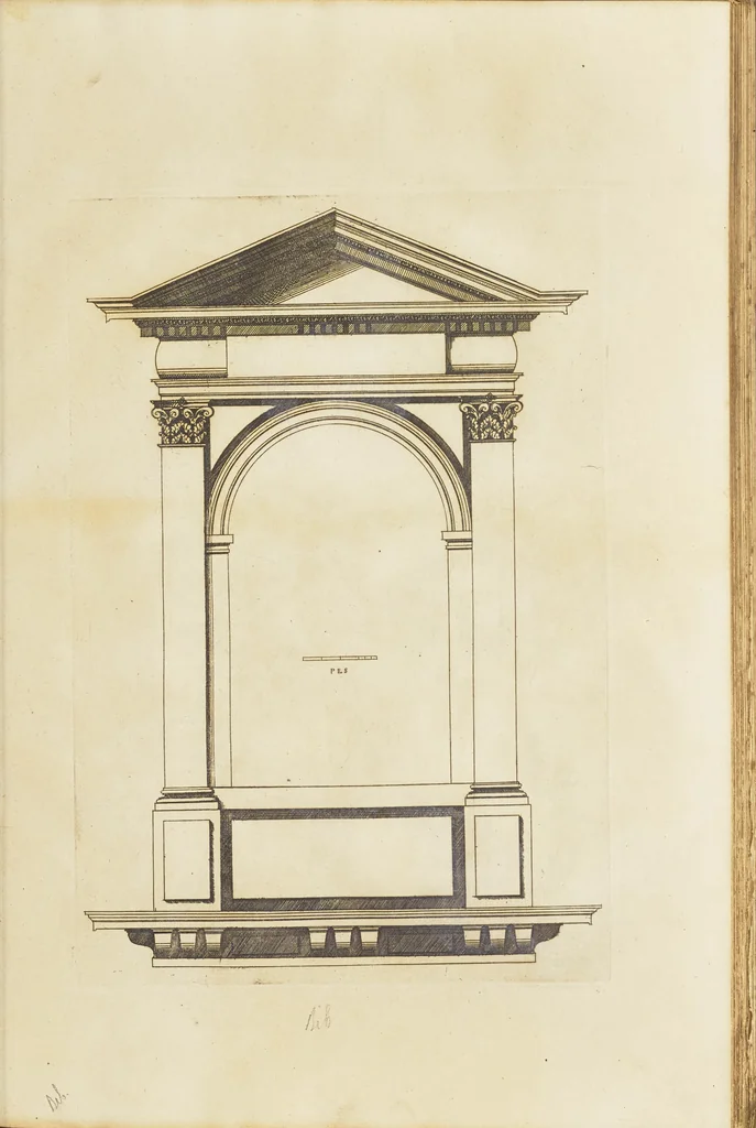 An illustration from Second livre d'architectvre, contenant plusieurs & diuerses ordonances de cheminees, lucarnes, portes, fonteines, puis & pauillons, pour enrichir tant le dedans que le dehors de tous edifices. Auec les desseins de dix sepultures toutes differentes, 1561, leaf 72