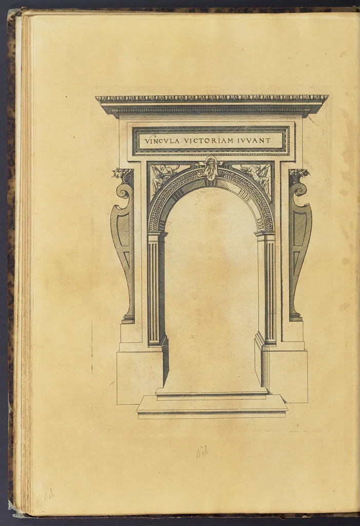 An illustration from Second livre d'architectvre, contenant plusieurs & diuerses ordonances de cheminees, lucarnes, portes, fonteines, puis & pauillons, pour enrichir tant le dedans que le dehors de tous edifices. Auec les desseins de dix sepultures toutes differentes, 1561, leaf 77
