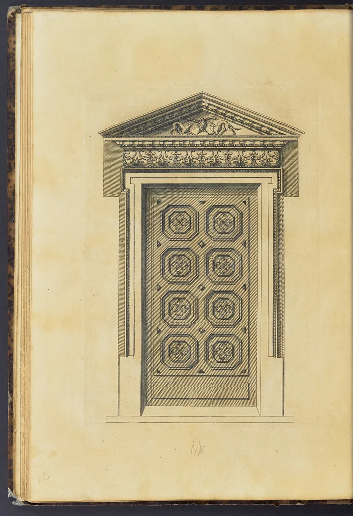 An illustration from Second livre d'architectvre, contenant plusieurs & diuerses ordonances de cheminees, lucarnes, portes, fonteines, puis & pauillons, pour enrichir tant le dedans que le dehors de tous edifices. Auec les desseins de dix sepultures toutes differentes, 1561, leaf 81