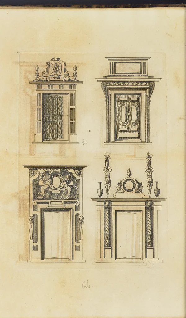 An illustration from Second livre d'architectvre, contenant plusieurs & diuerses ordonances de cheminees, lucarnes, portes, fonteines, puis & pauillons, pour enrichir tant le dedans que le dehors de tous edifices. Auec les desseins de dix sepultures toutes differentes, 1561, leaf 83