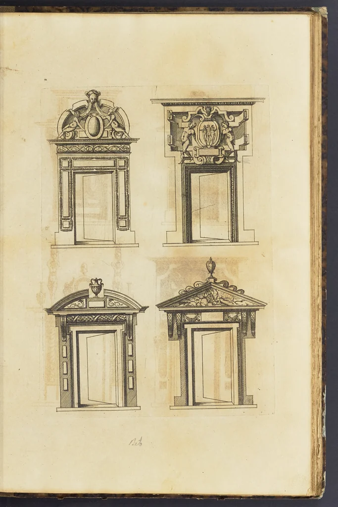 An illustration from Second livre d'architectvre, contenant plusieurs & diuerses ordonances de cheminees, lucarnes, portes, fonteines, puis & pauillons, pour enrichir tant le dedans que le dehors de tous edifices. Auec les desseins de dix sepultures toutes differentes, 1561, leaf 84