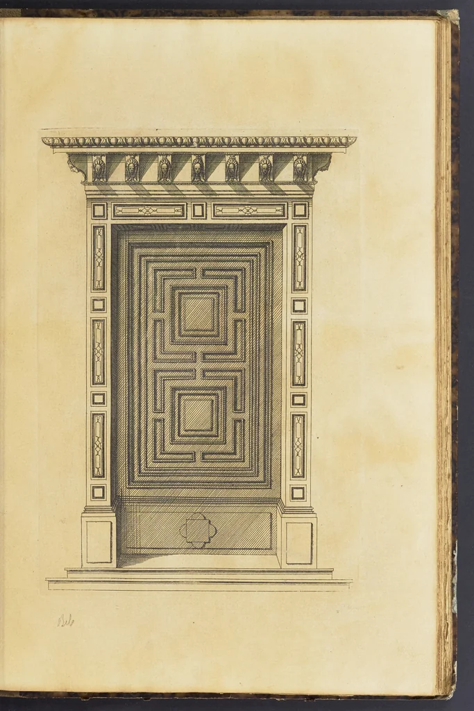 An illustration from Second livre d'architectvre, contenant plusieurs & diuerses ordonances de cheminees, lucarnes, portes, fonteines, puis & pauillons, pour enrichir tant le dedans que le dehors de tous edifices. Auec les desseins de dix sepultures toutes differentes, 1561, leaf 86