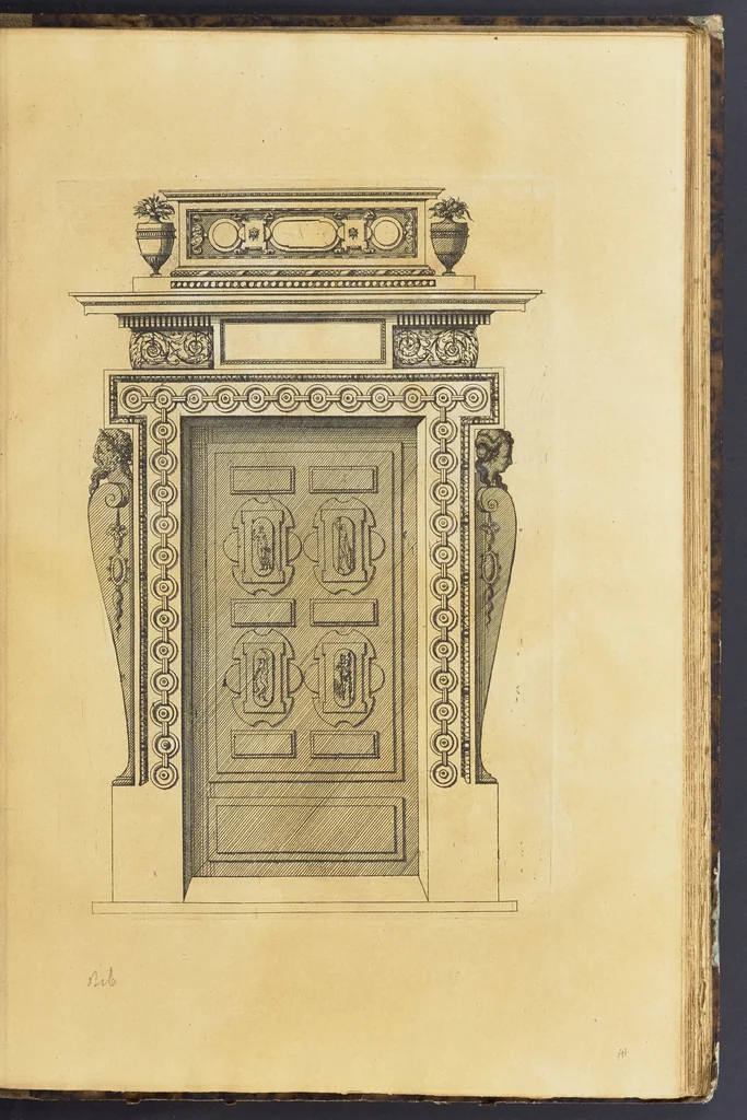 An illustration from Second livre d'architectvre, contenant plusieurs & diuerses ordonances de cheminees, lucarnes, portes, fonteines, puis & pauillons, pour enrichir tant le dedans que le dehors de tous edifices. Auec les desseins de dix sepultures toutes differentes, 1561, leaf 90