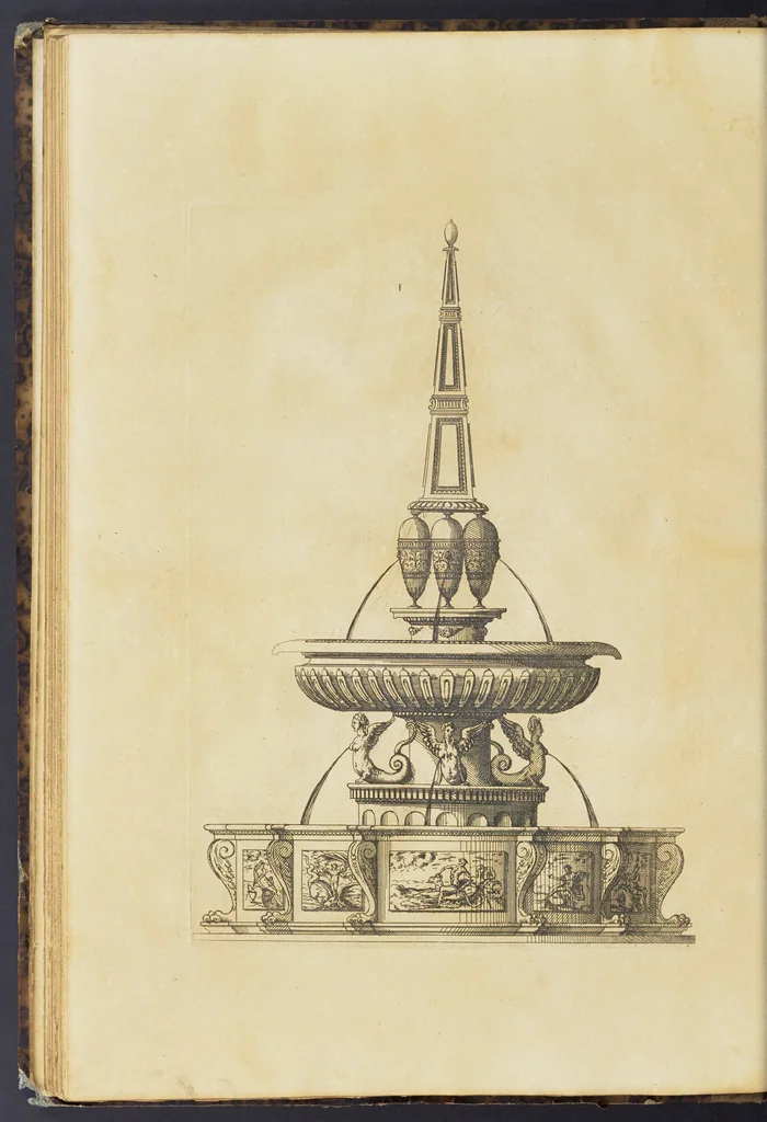 An illustration from Second livre d'architectvre, contenant plusieurs & diuerses ordonances de cheminees, lucarnes, portes, fonteines, puis & pauillons, pour enrichir tant le dedans que le dehors de tous edifices. Auec les desseins de dix sepultures toutes differentes, 1561, leaf 95