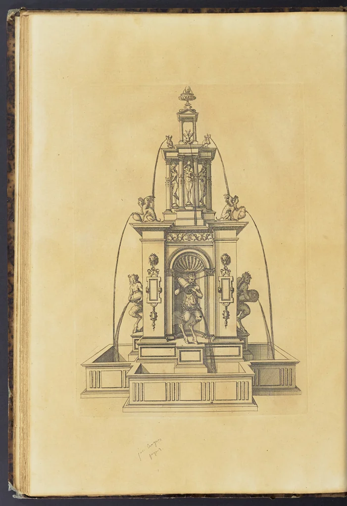 An illustration from Second livre d'architectvre, contenant plusieurs & diuerses ordonances de cheminees, lucarnes, portes, fonteines, puis & pauillons, pour enrichir tant le dedans que le dehors de tous edifices. Auec les desseins de dix sepultures toutes differentes, 1561, leaf 97