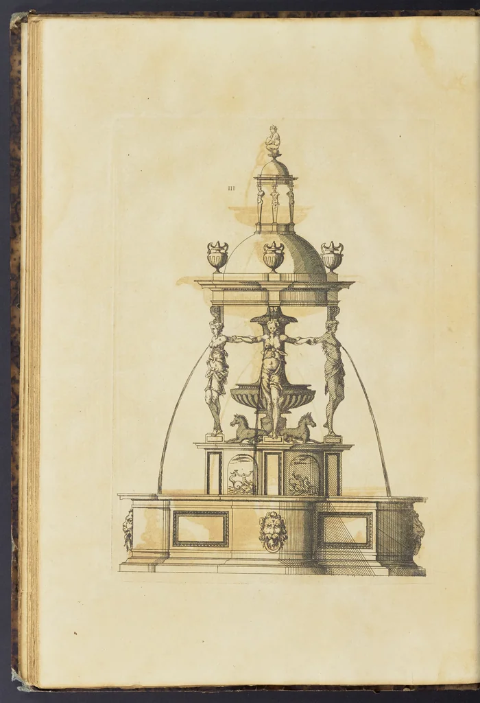 An illustration from Second livre d'architectvre, contenant plusieurs & diuerses ordonances de cheminees, lucarnes, portes, fonteines, puis & pauillons, pour enrichir tant le dedans que le dehors de tous edifices. Auec les desseins de dix sepultures toutes differentes, 1561, leaf 99