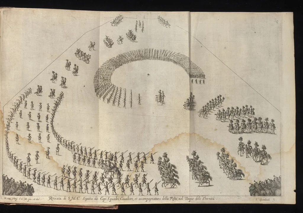 An illustration from La contesa dell' aria e dell' acqua : festa à cavallo rappresentata nell'augustissime nozze delle sacre, cesaree, reali M.M. dell' imperatore Leopoldo e dell' infanta Margherita delle Spagne, 1667, leaf 100