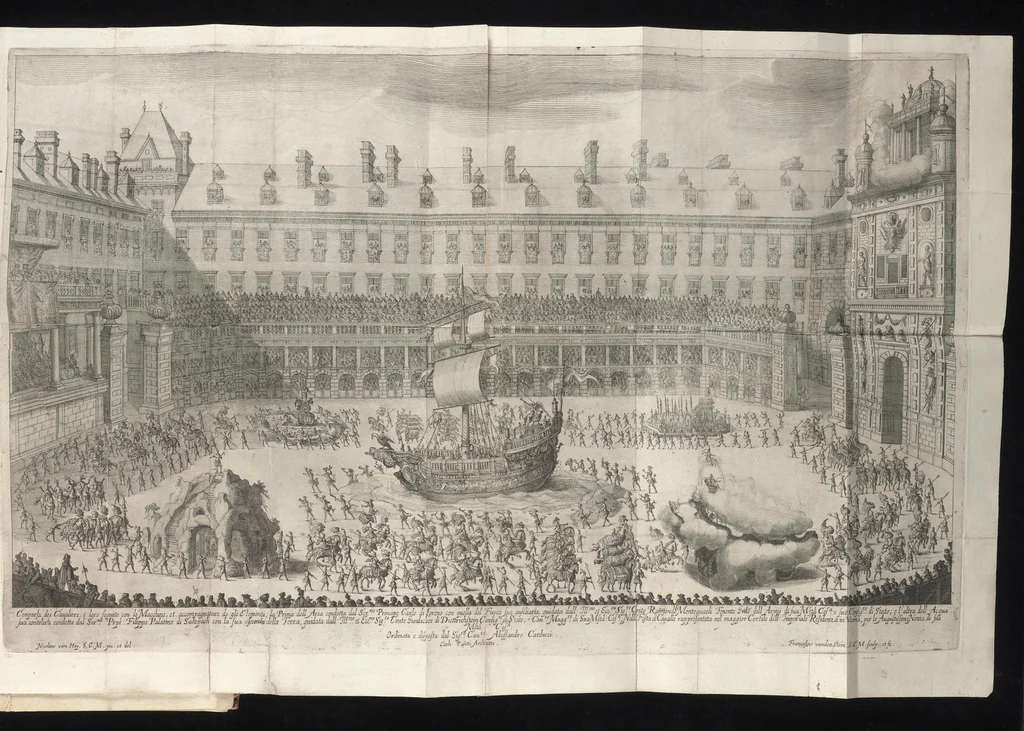An illustration from La contesa dell' aria e dell' acqua : festa à cavallo rappresentata nell'augustissime nozze delle sacre, cesaree, reali M.M. dell' imperatore Leopoldo e dell' infanta Margherita delle Spagne, 1667, leaf 12