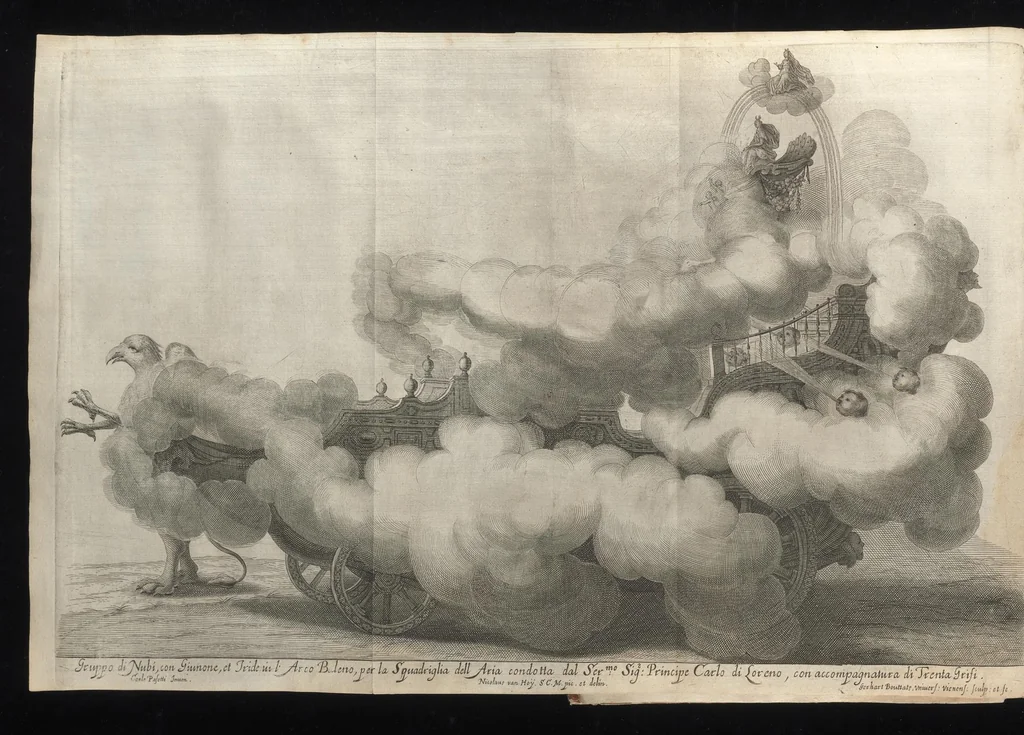 An illustration from La contesa dell' aria e dell' acqua : festa à cavallo rappresentata nell'augustissime nozze delle sacre, cesaree, reali M.M. dell' imperatore Leopoldo e dell' infanta Margherita delle Spagne, 1667, leaf 21