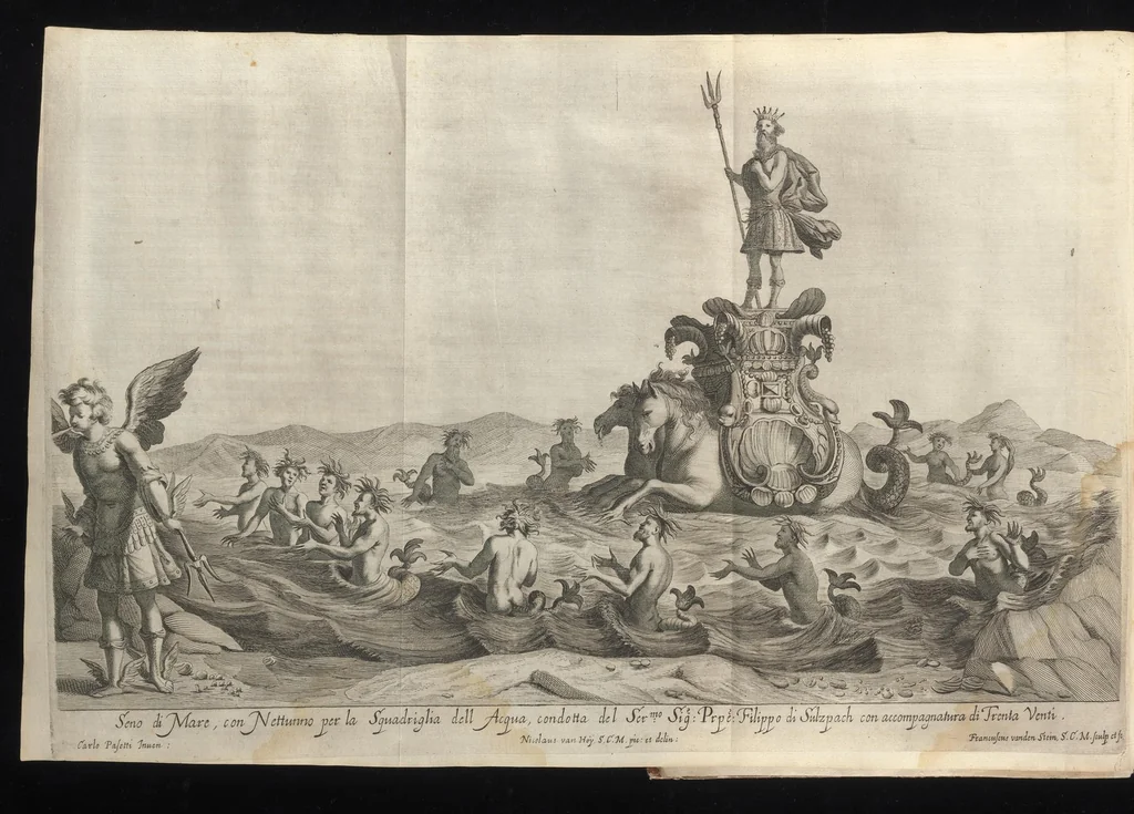 An illustration from La contesa dell' aria e dell' acqua : festa à cavallo rappresentata nell'augustissime nozze delle sacre, cesaree, reali M.M. dell' imperatore Leopoldo e dell' infanta Margherita delle Spagne, 1667, leaf 29