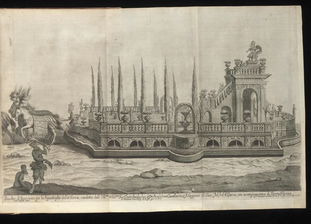 An illustration from La contesa dell' aria e dell' acqua : festa à cavallo rappresentata nell'augustissime nozze delle sacre, cesaree, reali M.M. dell' imperatore Leopoldo e dell' infanta Margherita delle Spagne, 1667, leaf 34