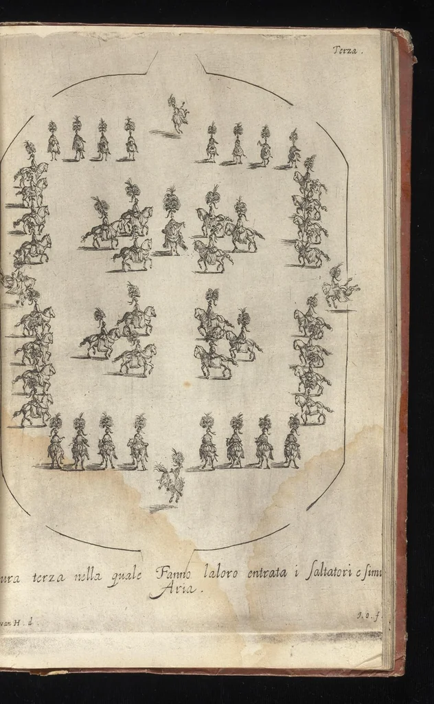 An illustration from La contesa dell' aria e dell' acqua : festa à cavallo rappresentata nell'augustissime nozze delle sacre, cesaree, reali M.M. dell' imperatore Leopoldo e dell' infanta Margherita delle Spagne, 1667, leaf 80