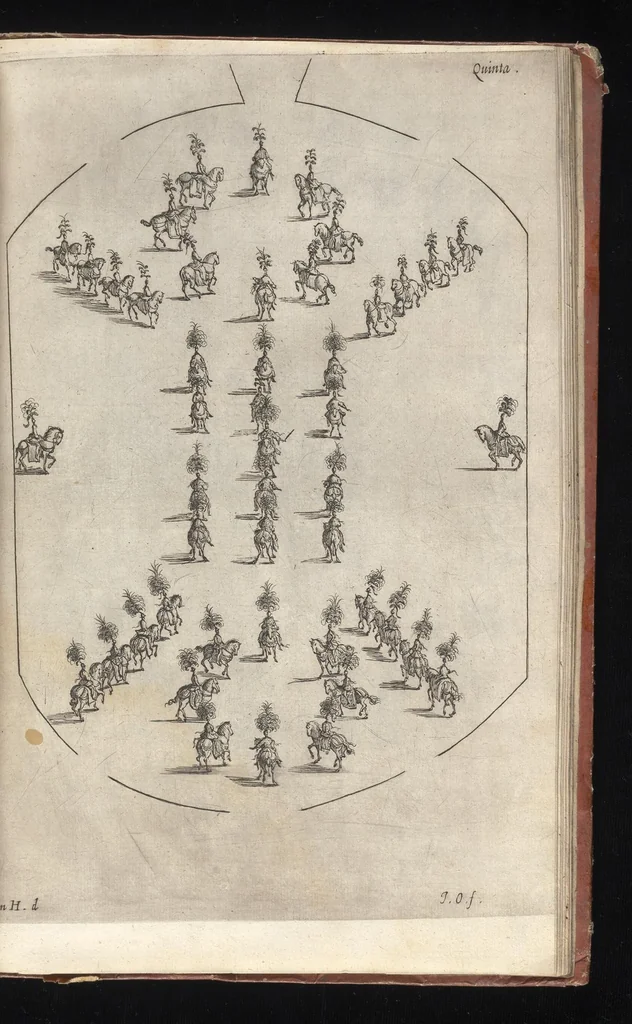 An illustration from La contesa dell' aria e dell' acqua : festa à cavallo rappresentata nell'augustissime nozze delle sacre, cesaree, reali M.M. dell' imperatore Leopoldo e dell' infanta Margherita delle Spagne, 1667, leaf 84