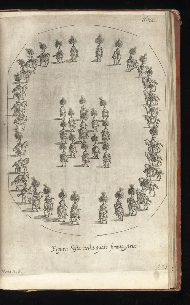 An illustration from La contesa dell' aria e dell' acqua : festa à cavallo rappresentata nell'augustissime nozze delle sacre, cesaree, reali M.M. dell' imperatore Leopoldo e dell' infanta Margherita delle Spagne, 1667, leaf 86