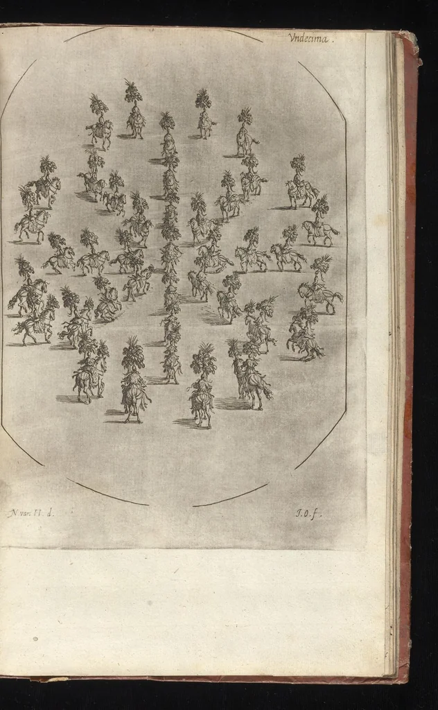 An illustration from La contesa dell' aria e dell' acqua : festa à cavallo rappresentata nell'augustissime nozze delle sacre, cesaree, reali M.M. dell' imperatore Leopoldo e dell' infanta Margherita delle Spagne, 1667, leaf 96