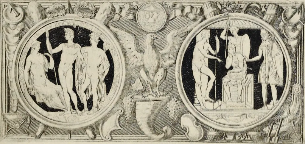 An illustration from Picturae Etruscorum in vasculis nunc primum in unum collectae explicationibus, et dissertationibus inlustratae, 1767, leaf 64