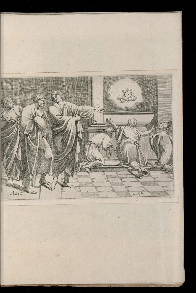 An illustration from Vita di San Diego, dipinta nella Cappella di S. Giacomo de Spagnuoli in Roma da Annibale Carracci, 1646, leaf 20