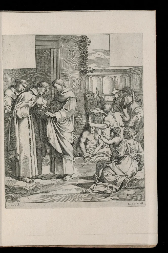 An illustration from Vita di San Diego, dipinta nella Cappella di S. Giacomo de Spagnuoli in Roma da Annibale Carracci, 1646, leaf 22