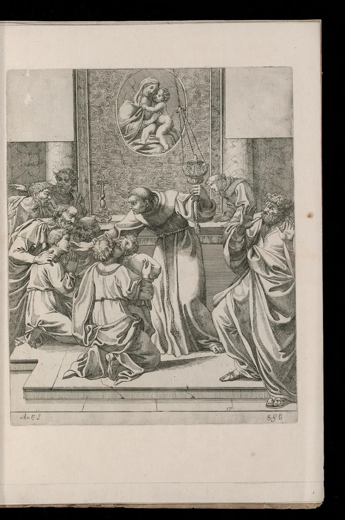 An illustration from Vita di San Diego, dipinta nella Cappella di S. Giacomo de Spagnuoli in Roma da Annibale Carracci, 1646, leaf 24