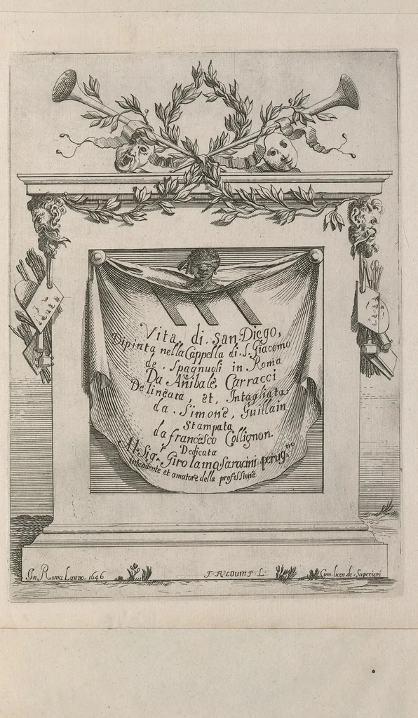 An illustration from Vita di San Diego, dipinta nella Cappella di S. Giacomo de Spagnuoli in Roma da Annibale Carracci, 1646, leaf 4