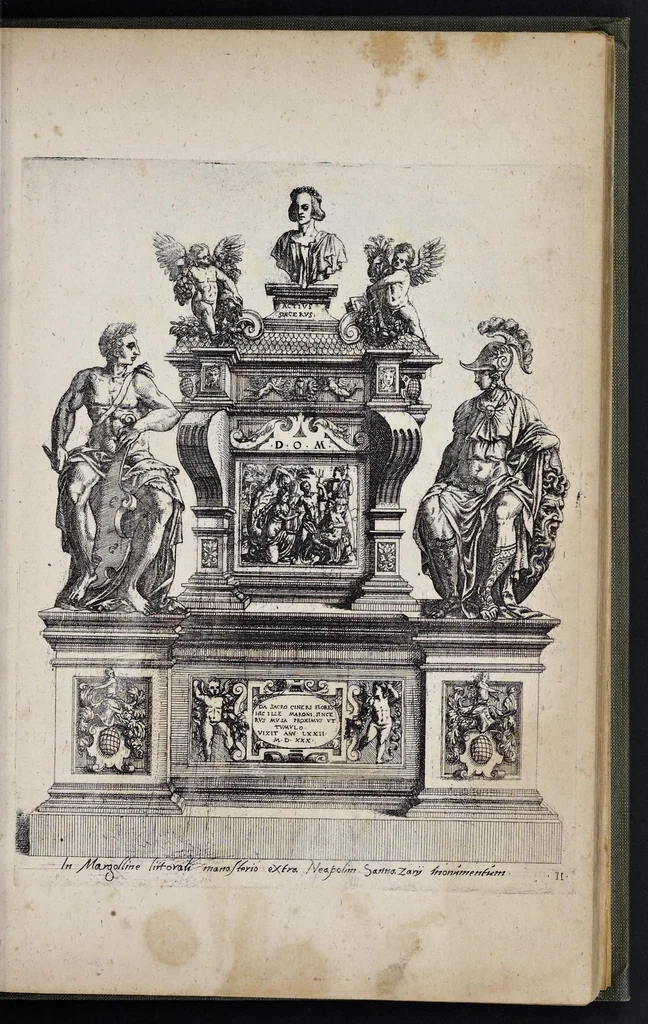 An illustration from Monvmenta sepvlcrorvm cvm epigraphis ingenio et doctrina excellentivm virorvm : aliorvmq. tam prisci qvam nostri secvli memorabilivm hominvm, de archetypis expressa, 1574, leaf 44