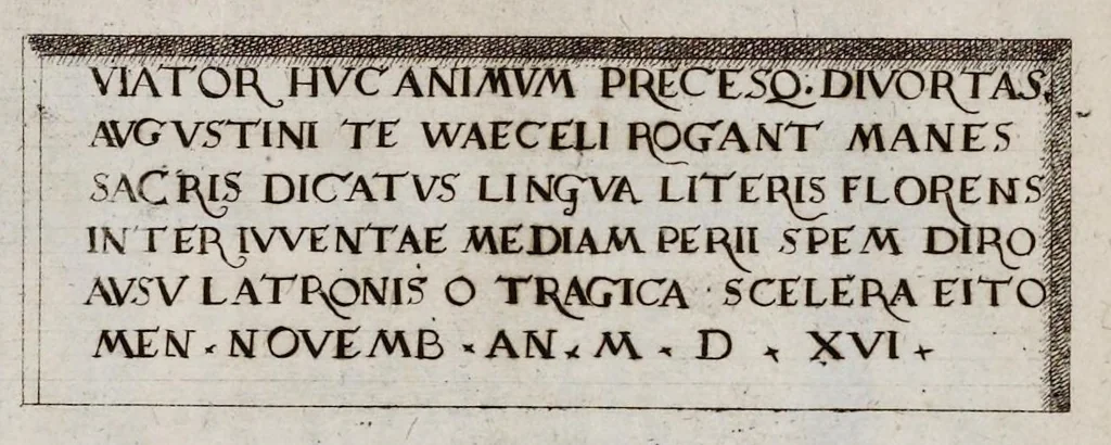 An illustration from Monvmenta sepvlcrorvm cvm epigraphis ingenio et doctrina excellentivm virorvm : aliorvmq. tam prisci qvam nostri secvli memorabilivm hominvm, de archetypis expressa, 1574, leaf 54