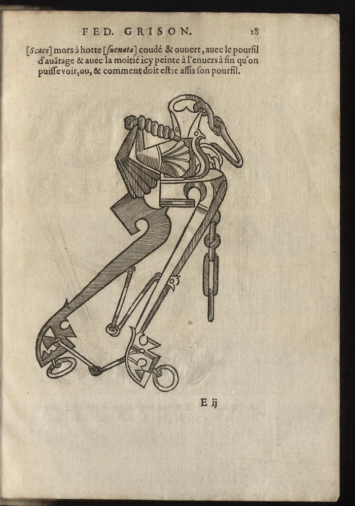 An illustration from L'ecvirie dv S. Federic Grison, gentilhomme napolitain : en laquelle est monstré l'ordre & l'art de choisir, dompter, piquer, dresser & manier les cheuaux, tant pour l'vsage de la guerre qu'autre commodité de lh́omme : auecques figures de diuerses sortes de mors de bride, 1575, leaf 226