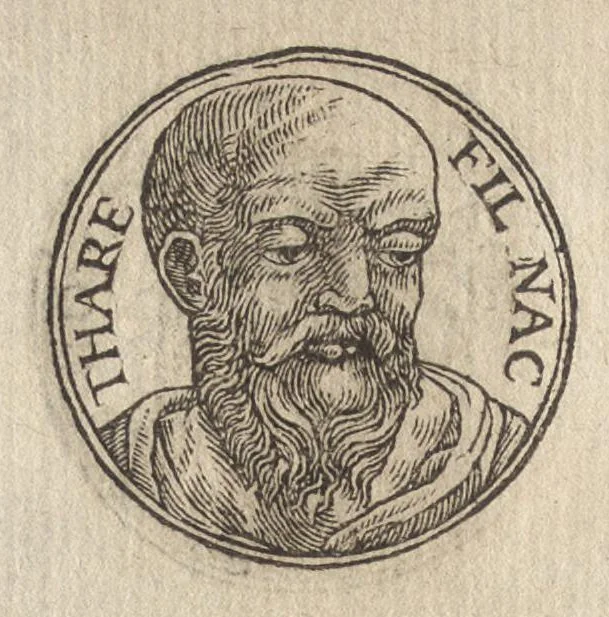 An illustration from Promtvarii iconvm insigniorvm à secvlo hominvm, subiectis eorum vitis, per compendiũ ex probatissimis autoribus desumptis, editio secunda : illustrium virorum, qui à prima successerunt, imaginibus aucta atque locupletata, 1578, leaf 25