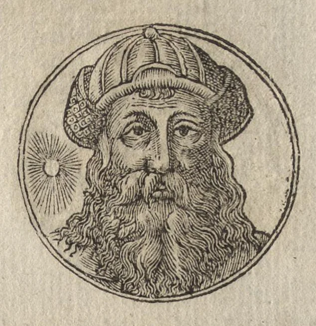 An illustration from Promtvarii iconvm insigniorvm à secvlo hominvm, subiectis eorum vitis, per compendiũ ex probatissimis autoribus desumptis, editio secunda : illustrium virorum, qui à prima successerunt, imaginibus aucta atque locupletata, 1578, leaf 38