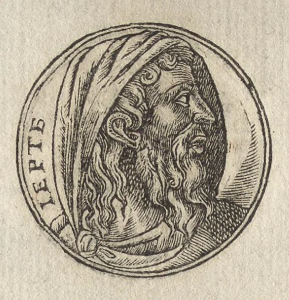 An illustration from Promtvarii iconvm insigniorvm à secvlo hominvm, subiectis eorum vitis, per compendiũ ex probatissimis autoribus desumptis, editio secunda : illustrium virorum, qui à prima successerunt, imaginibus aucta atque locupletata, 1578, leaf 63