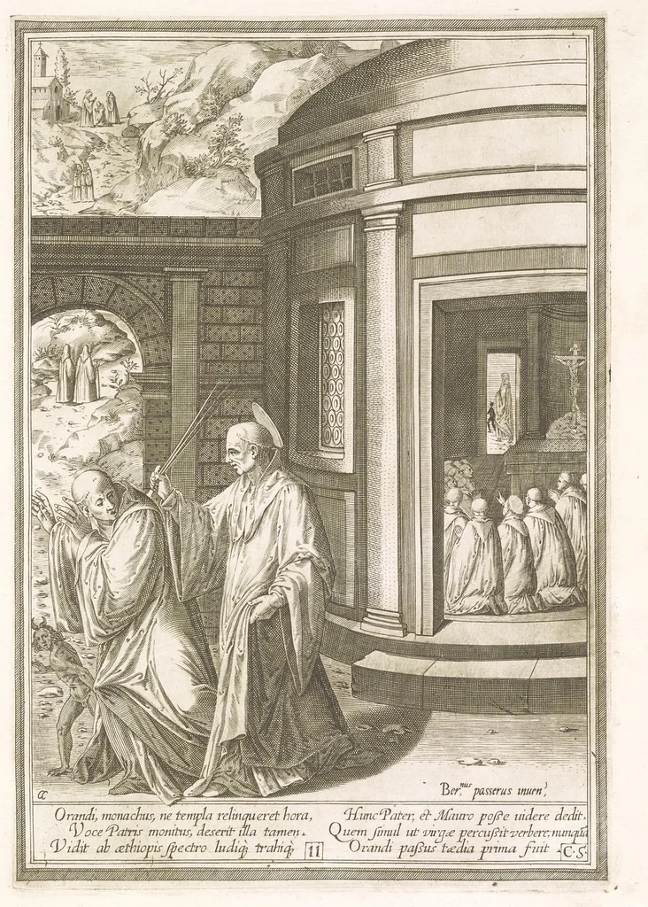 An illustration from Vita et miracvla sanctiss.mi patris Benedicti : ex libro ii dialogorum beati Gregorii papae et monachi collecta : et ad instantiam deuotorum monachorum congregationis eiusdem s.ti Benedicti Hispaniarum aeneis tÿpis accuratissimè delineata, 1579, leaf 24
